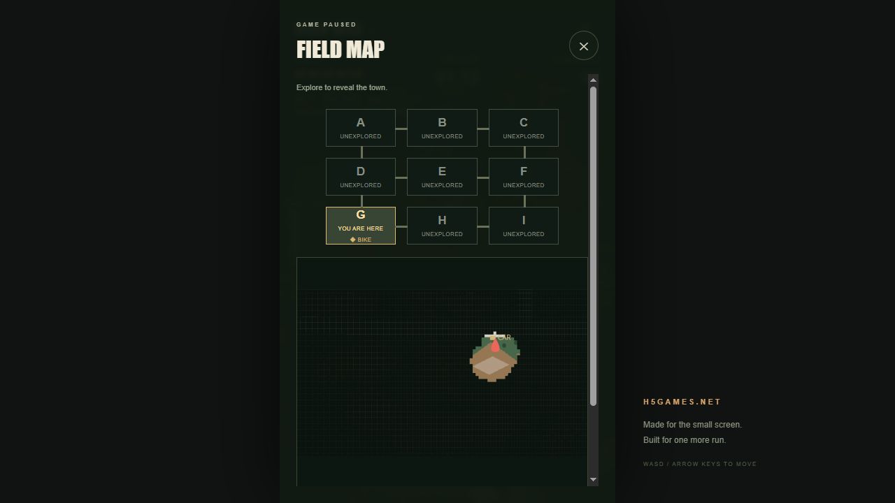 Field map: nine regions, explored terrain and the motorcycle marker.